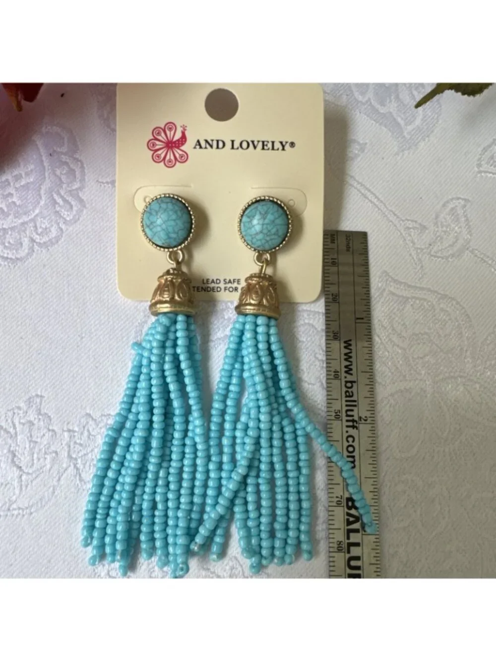 Colombus And Lovely Earrings Turquoise Blue Tassel Seed Bead GoldTone 3.5
